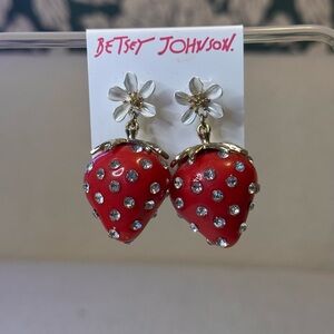 Betsey Johnson Red Strawberry Crystal Drop Earrings with Daisy Studs